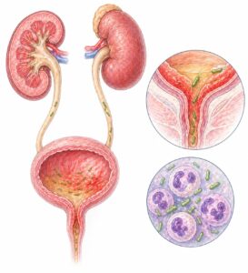 Ilustratie medicala reprezentativa pentru infectie urinara, vezica urinara inflamata cu bacterii si tract urinar ilustrat, stil desen manual realist, culori pastelate, fundal alb