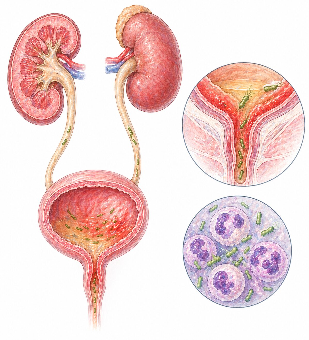 Ilustratie medicala reprezentativa pentru infectie urinara, vezica urinara inflamata cu bacterii si tract urinar ilustrat, stil desen manual realist, culori pastelate, fundal alb