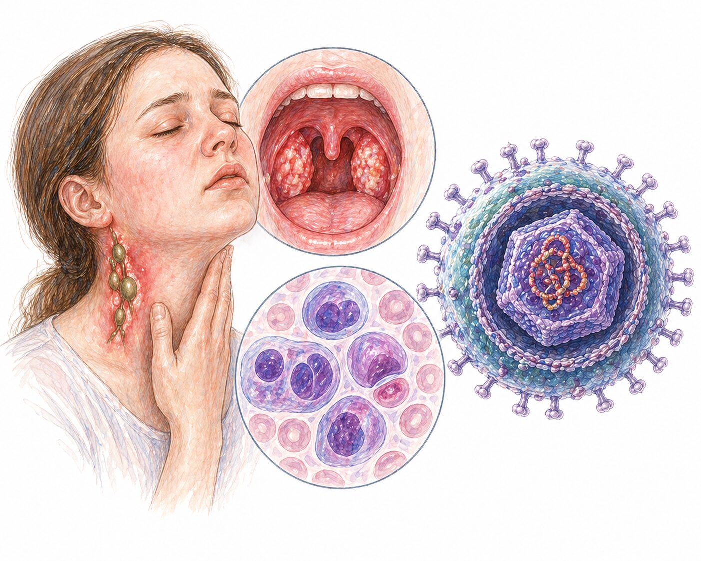 Ilustratie medicala reprezentativa pentru infectie cu virus Epstein-Barr, amigdalita si ganglioni limfatici mariti cu reprezentare virala, stil desen manual realist, culori pastelate, fundal alb