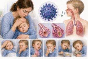Ilustratie medicala reprezentativa pentru infectia cu virus sincitial respirator, copil cu afectare respiratorie si bronhiolite, stil educational tip Mayo Clinic