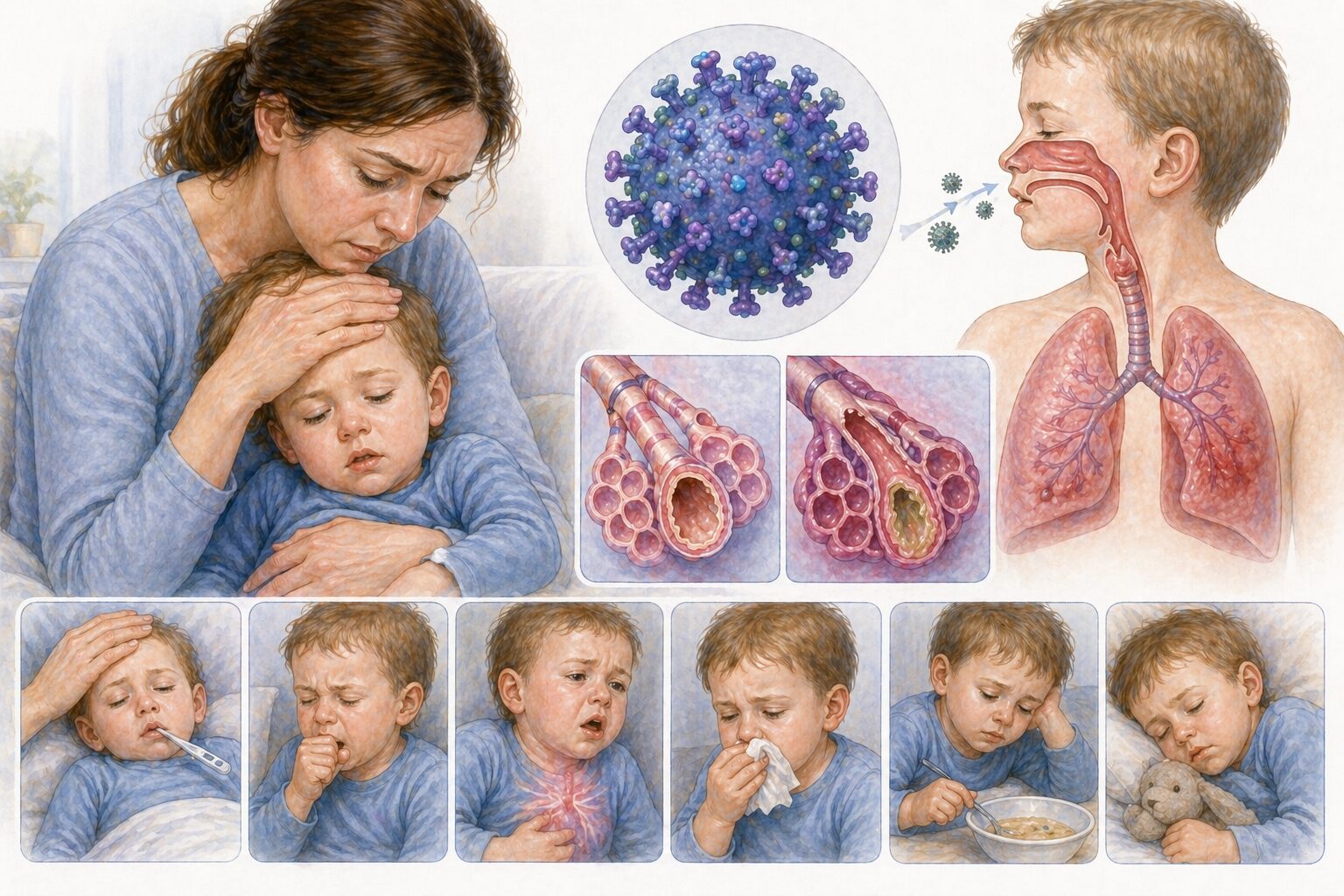 Ilustratie medicala reprezentativa pentru infectia cu virus sincitial respirator, copil cu afectare respiratorie si bronhiolite, stil educational tip Mayo Clinic