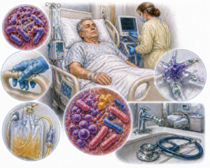 Ilustratie medicala stil Mayo infectii nosocomiale cu contaminare bacteriana pe echipamente medicale si risc de infectie la pacient fara text