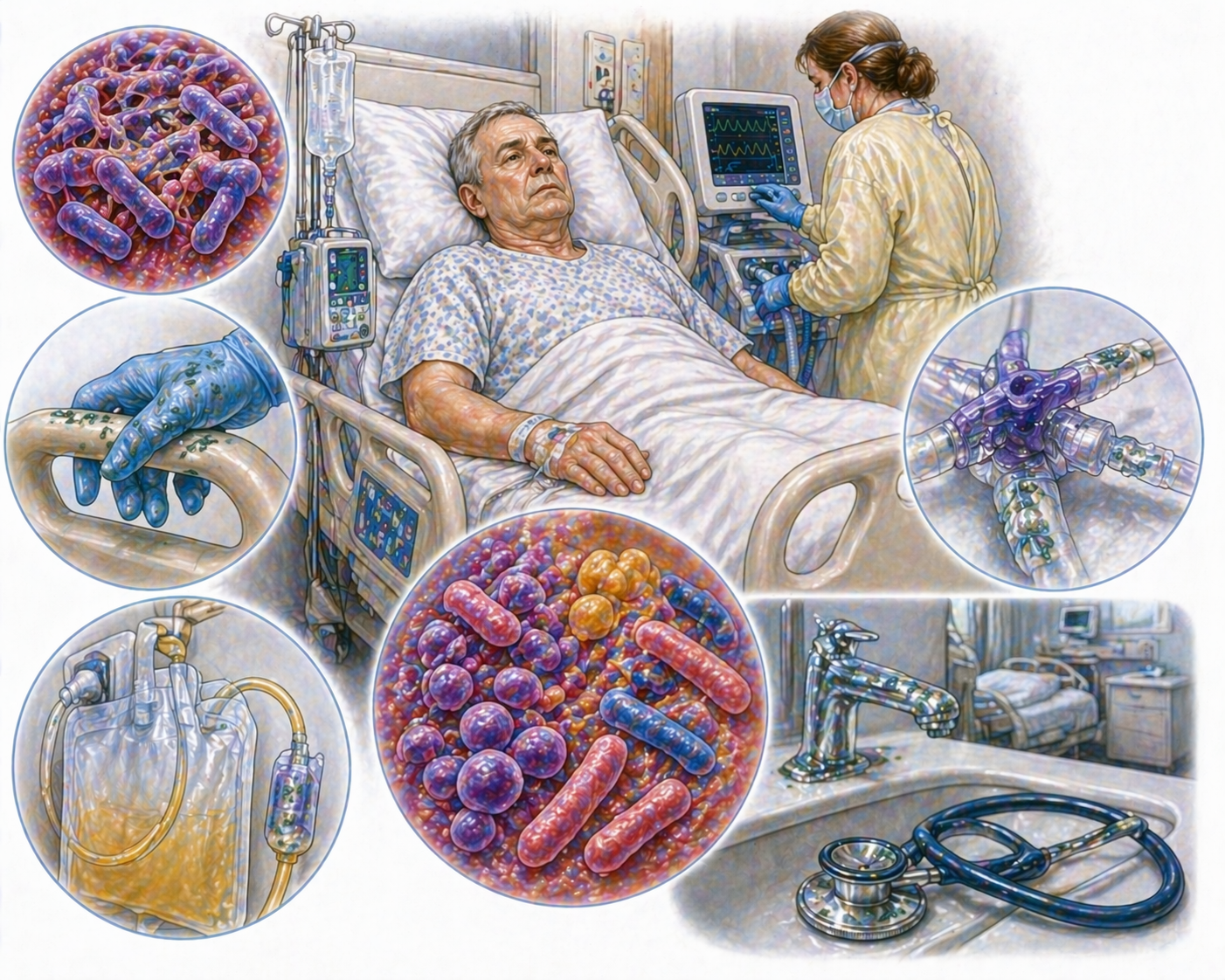 Ilustratie medicala stil Mayo infectii nosocomiale cu contaminare bacteriana pe echipamente medicale si risc de infectie la pacient fara text