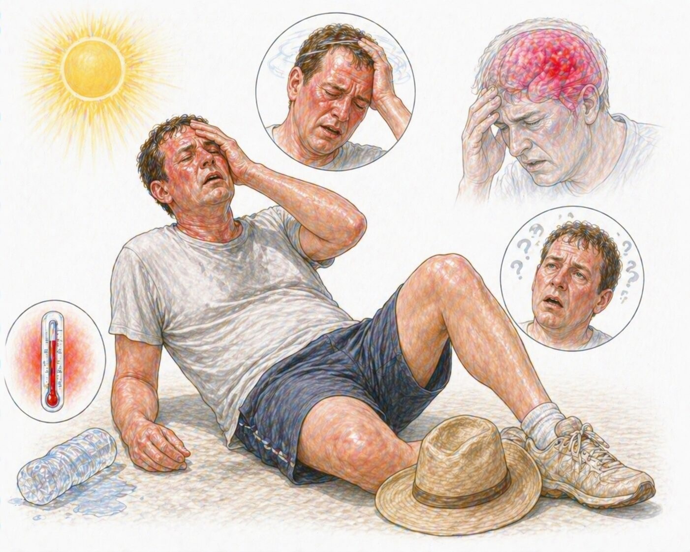 Ilustratie medicala stil Mayo simptome insolatie severa cu deshidratare ameteli hipertermie si alterarea starii de constienta fara text