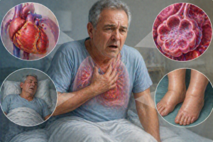 Ilustratie medicala insuficienta cardiaca acuta cu dispnee severa edem pulmonar si retentie de lichide fara text