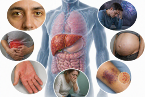 Ilustratie medicala insuficienta hepatica acuta cu ficat afectat si manifestari clinice precum icter ascita si echimoze fara text