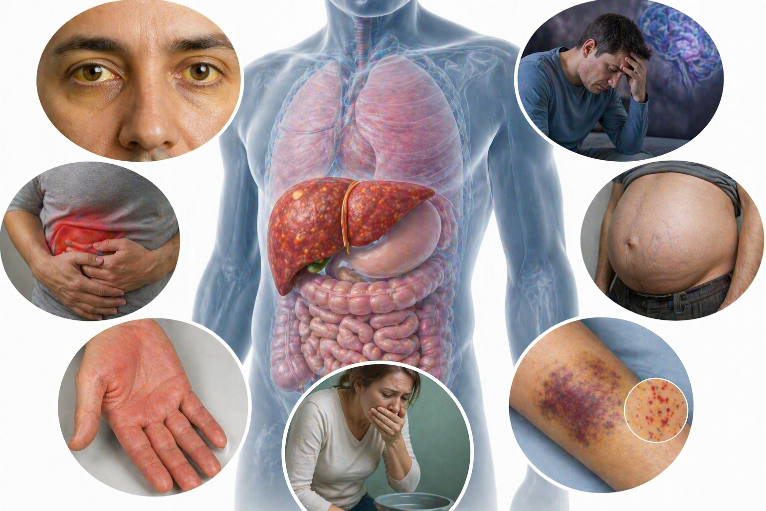 Ilustratie medicala insuficienta hepatica acuta cu ficat afectat si manifestari clinice precum icter ascita si echimoze fara text