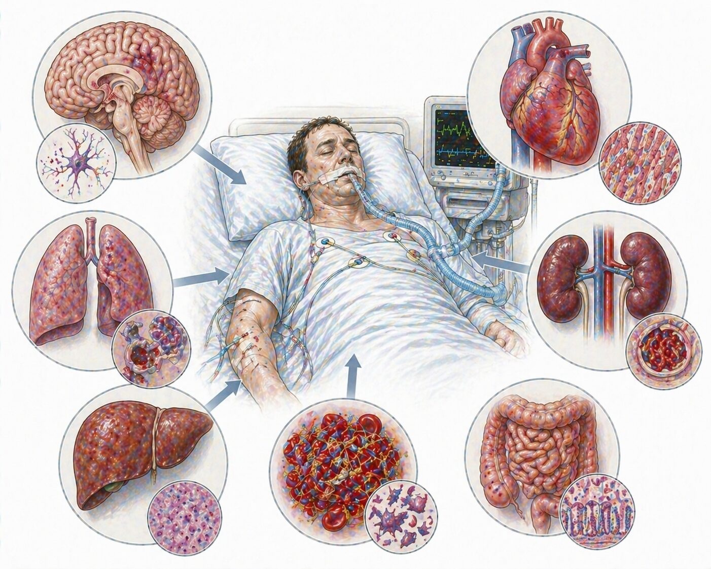 Ilustratie medicala stil Mayo insuficienta multiorgan cu afectare simultana a inimii plamanilor rinichilor si creierului fara text