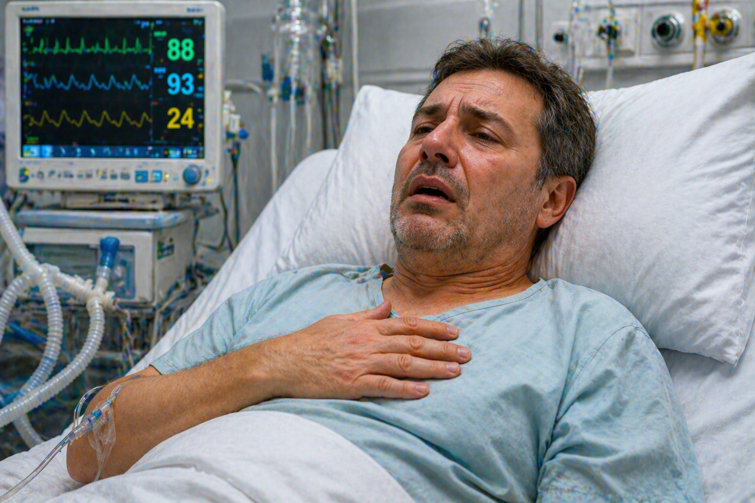 insuficienta respiratorie pacient cu dificultate de respiratie senzatie de sufocare monitorizare functii vitale si suport medical imagine realista stil clinic curat