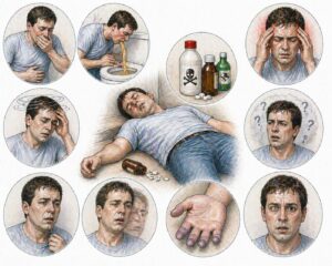 Ilustratie medicala stil Mayo intoxicatie acuta cu simptome precum greata varsaturi confuzie si alterarea starii de constienta fara text