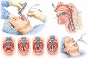 Ilustratie medicala reprezentativa pentru intubatie orotraheala, stil educațional tip Mayo Clinic