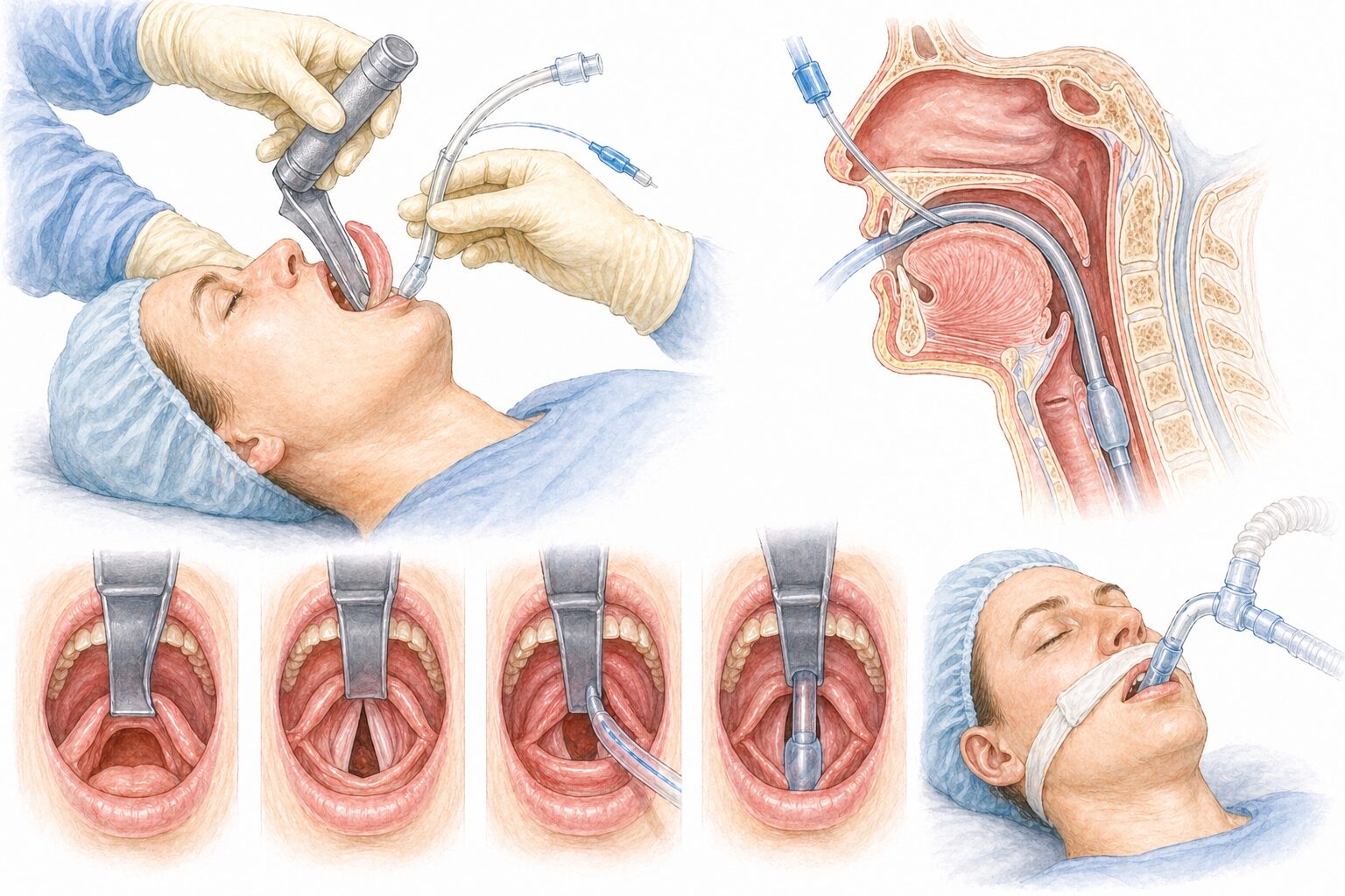 Ilustratie medicala reprezentativa pentru intubatie orotraheala, stil educațional tip Mayo Clinic