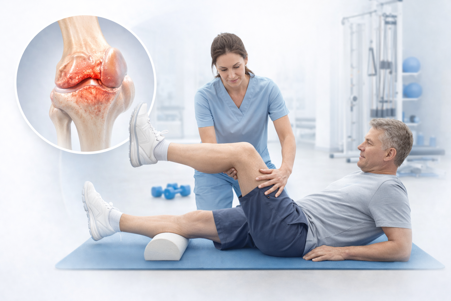 kinetoterapie afectiuni ortopedice exercitii recuperare pacient si articulatie genunchi inflamata