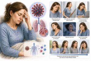 Ilustratie medicala reprezentativa pentru long COVID, evidentiind simptome persistente precum oboseala si dificultati respiratorii, stil educational tip Mayo Clinic