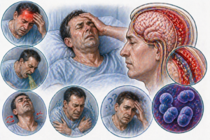 Ilustratie medicala stil Mayo simptome meningita severa cu cefalee intensa rigiditate cervicala febra varsaturi si afectare meningeala fara text