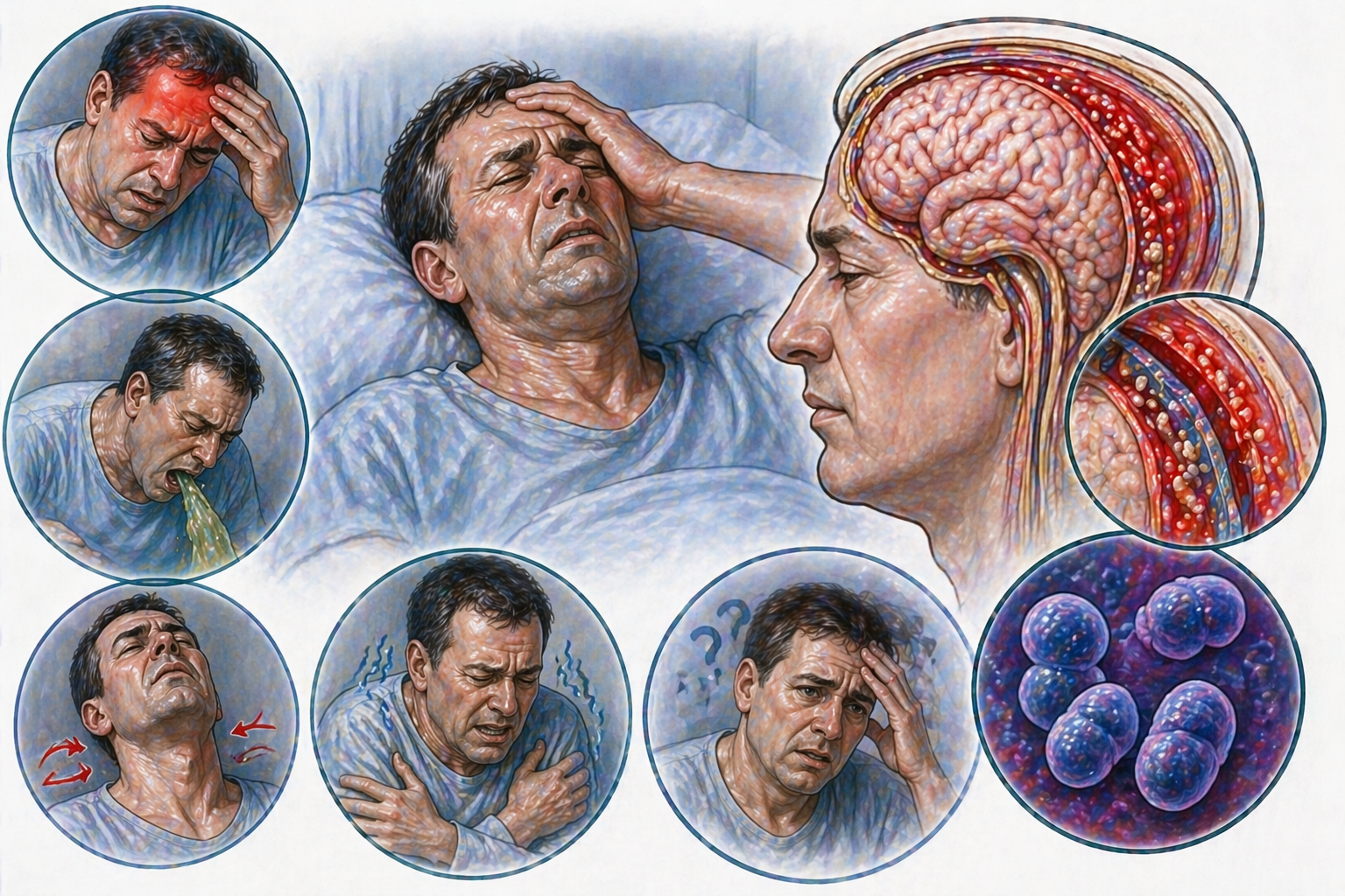 Ilustratie medicala stil Mayo simptome meningita severa cu cefalee intensa rigiditate cervicala febra varsaturi si afectare meningeala fara text