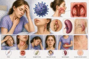 Ilustratie medicala reprezentativa pentru mononucleoza infectioasa, evidentiind durere in gat, ganglioni mariti si oboseala accentuata, stil educational tip Mayo Clinic