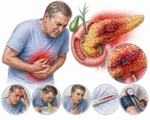 Ilustratie medicala stil Mayo simptome pancreatita acuta severa cu durere abdominala intensa varsaturi si inflamatie pancreatica fara text