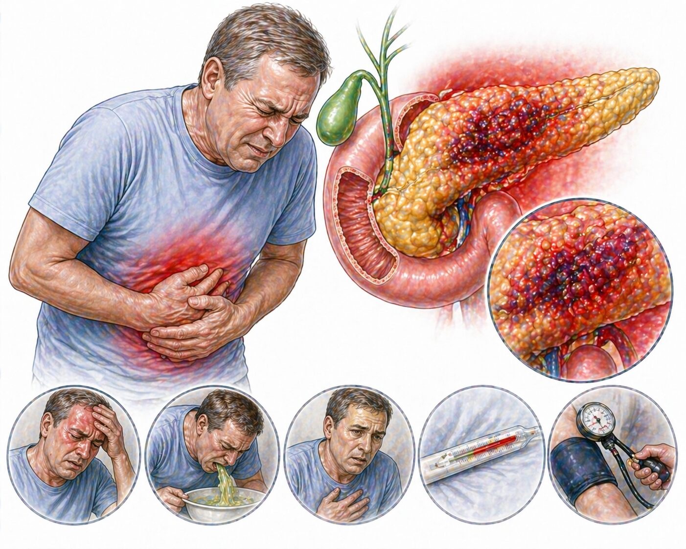 Ilustratie medicala stil Mayo simptome pancreatita acuta severa cu durere abdominala intensa varsaturi si inflamatie pancreatica fara text