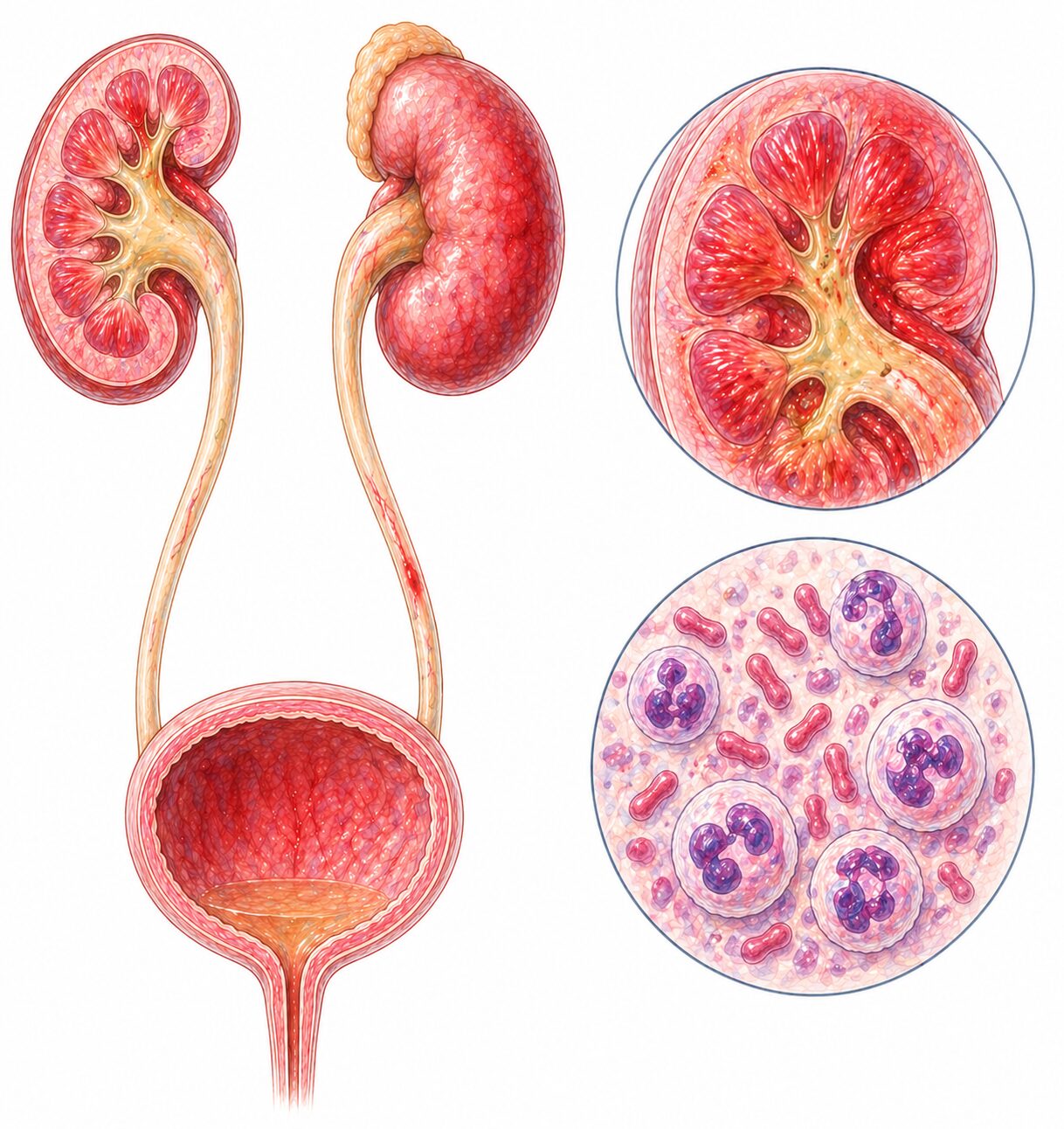 Ilustratie medicala reprezentativa pentru pielonefrita, rinichi inflamat cu afectare bacteriana si detalii anatomice, stil desen manual realist, culori pastelate, fundal alb