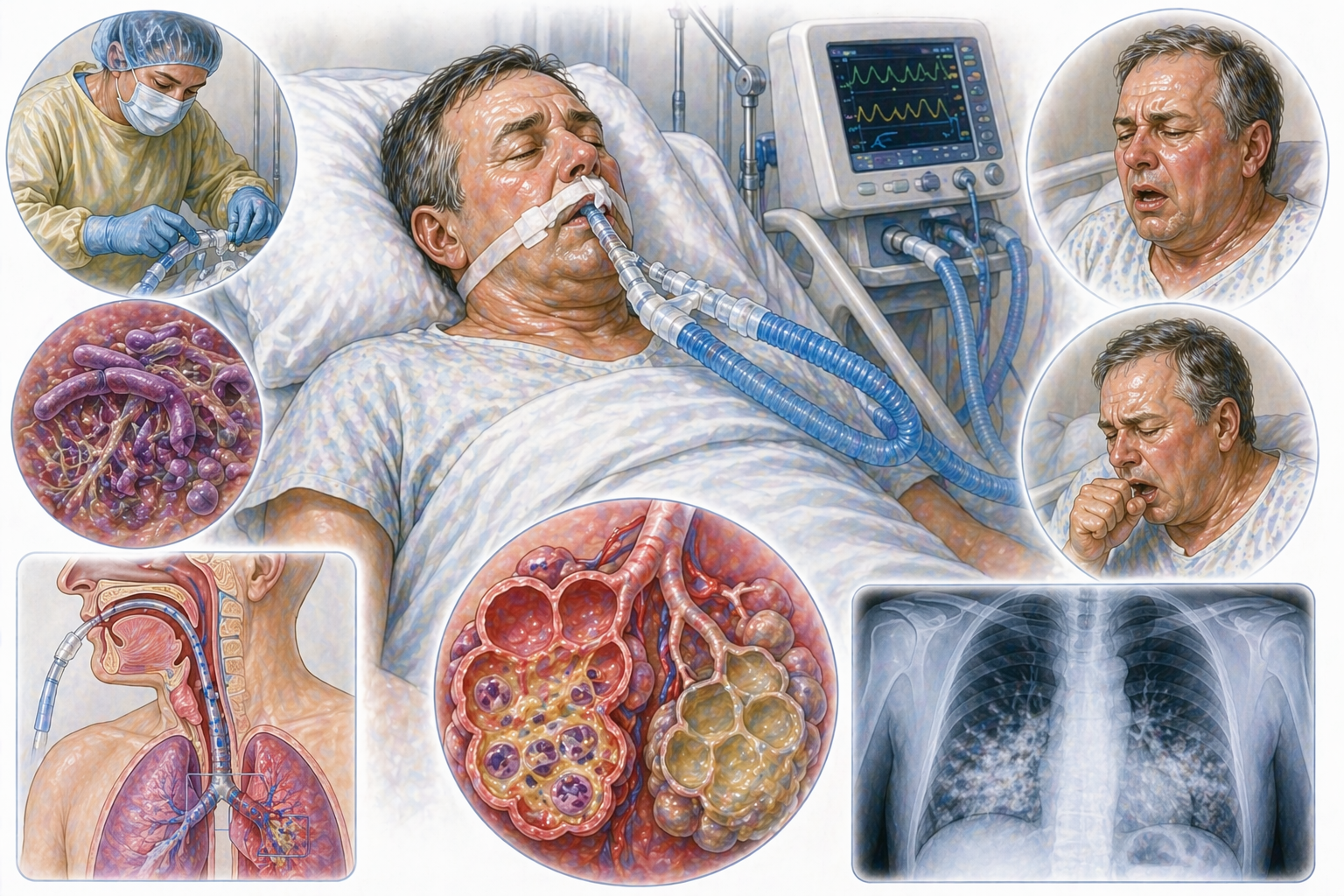 Ilustratie medicala stil Mayo pneumonie asociata ventilatiei cu pacient intubat infectie pulmonara si afectare alveolara fara text