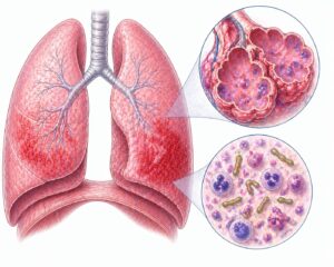 Ilustratie medicala reprezentativa pentru pneumonie atipica, plamani cu inflamatie difuza interstitiala si afectare alveolara discreta, stil desen manual realist, culori pastelate, fundal alb