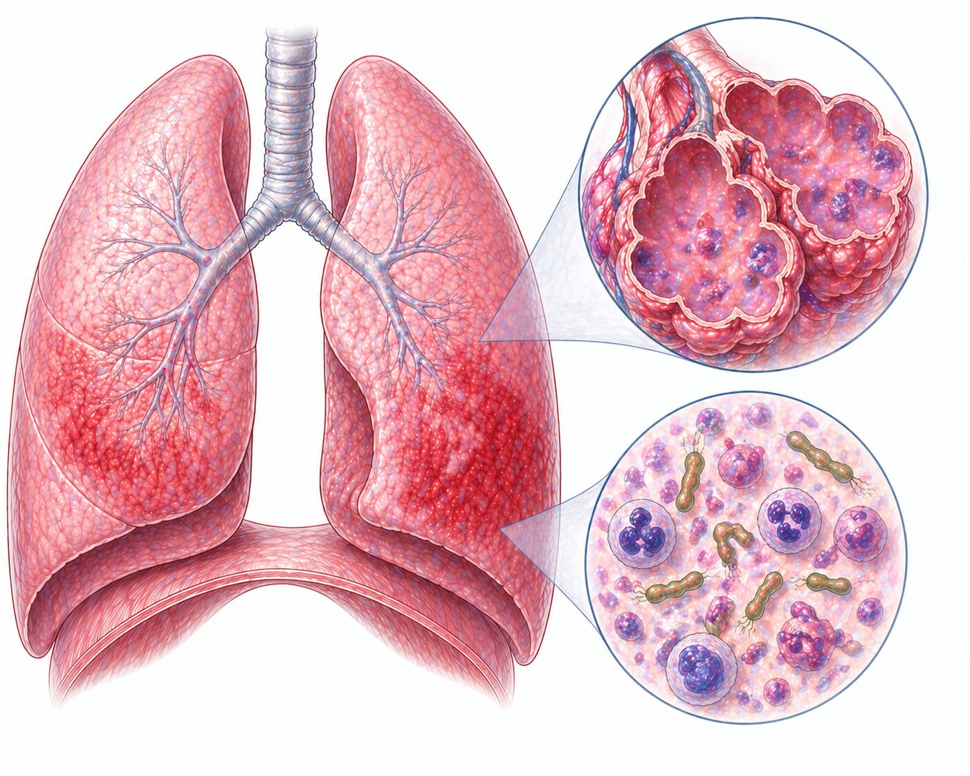 Ilustratie medicala reprezentativa pentru pneumonie atipica, plamani cu inflamatie difuza interstitiala si afectare alveolara discreta, stil desen manual realist, culori pastelate, fundal alb