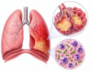 Ilustratie medicala reprezentativa pentru pneumonie bacteriana, plamani cu zone de infectie si alveole afectate, stil desen manual realist, culori pastelate, fundal alb