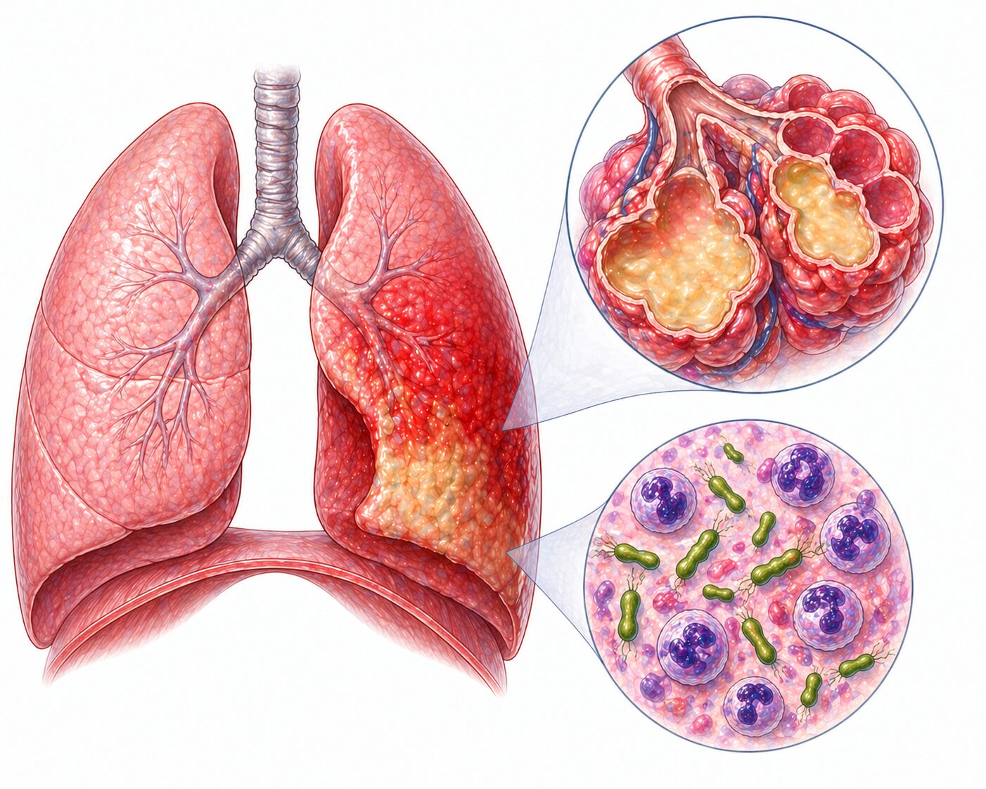 Ilustratie medicala reprezentativa pentru pneumonie bacteriana, plamani cu zone de infectie si alveole afectate, stil desen manual realist, culori pastelate, fundal alb
