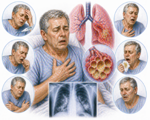 Ilustratie medicala stil Mayo simptome pneumonie severa cu dispnee febra tuse productiva si afectare pulmonara evidentiata fara text