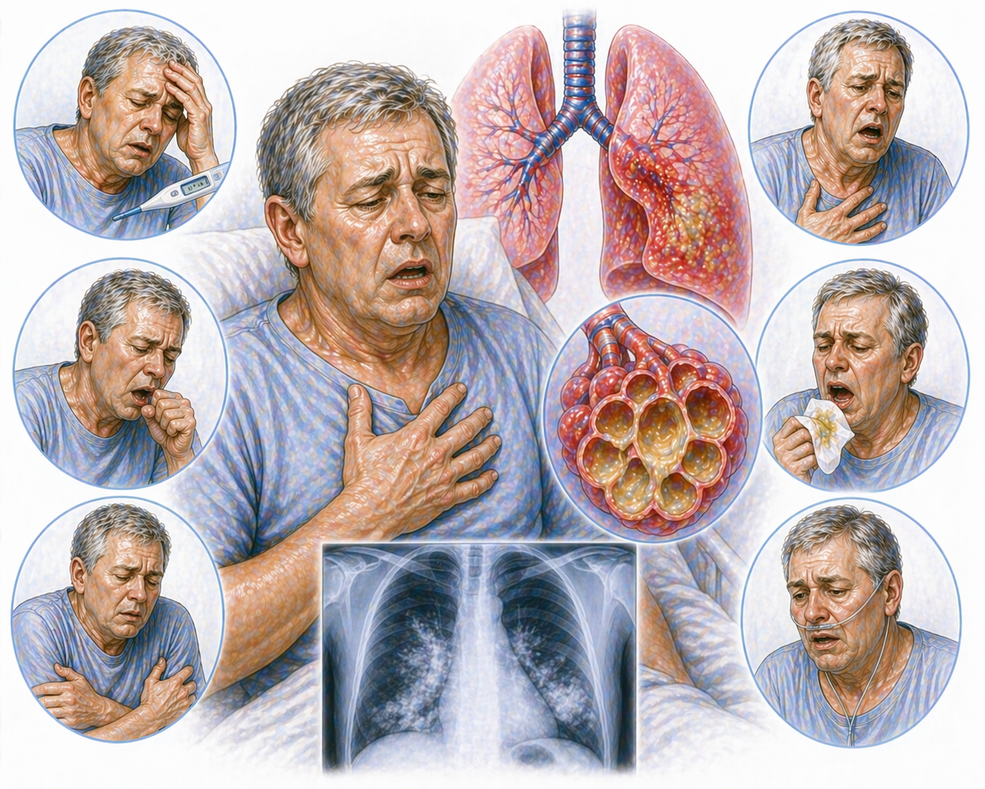 Ilustratie medicala stil Mayo simptome pneumonie severa cu dispnee febra tuse productiva si afectare pulmonara evidentiata fara text