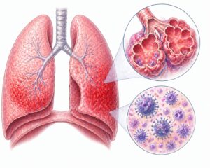 Ilustratie medicala reprezentativa pentru pneumonie virala, plamani cu inflamatie difuza si particule virale la nivel alveolar, stil desen manual realist, culori pastelate, fundal alb