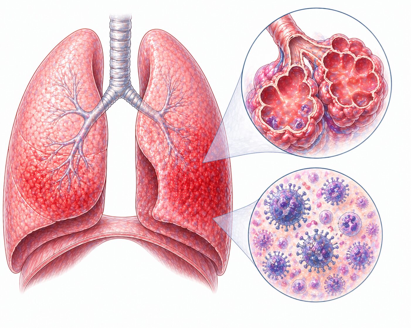 Ilustratie medicala reprezentativa pentru pneumonie virala, plamani cu inflamatie difuza si particule virale la nivel alveolar, stil desen manual realist, culori pastelate, fundal alb