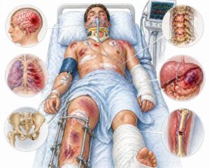 Ilustratie medicala stil Mayo politraumatism cu pacient cu leziuni multiple monitorizat in terapie intensiva fara text
