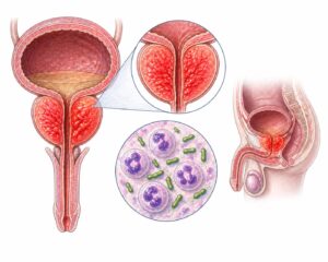Ilustratie medicala reprezentativa pentru prostatita bacteriana, prostata inflamata cu infectie bacteriana si detalii anatomice ale tractului urinar, stil desen manual realist, culori pastelate, fundal alb