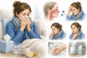 Ilustratie medicala reprezentativa pentru raceala, fara elemente text, pacient cu simptome respiratorii usoare, stil educational tip Mayo Clinic