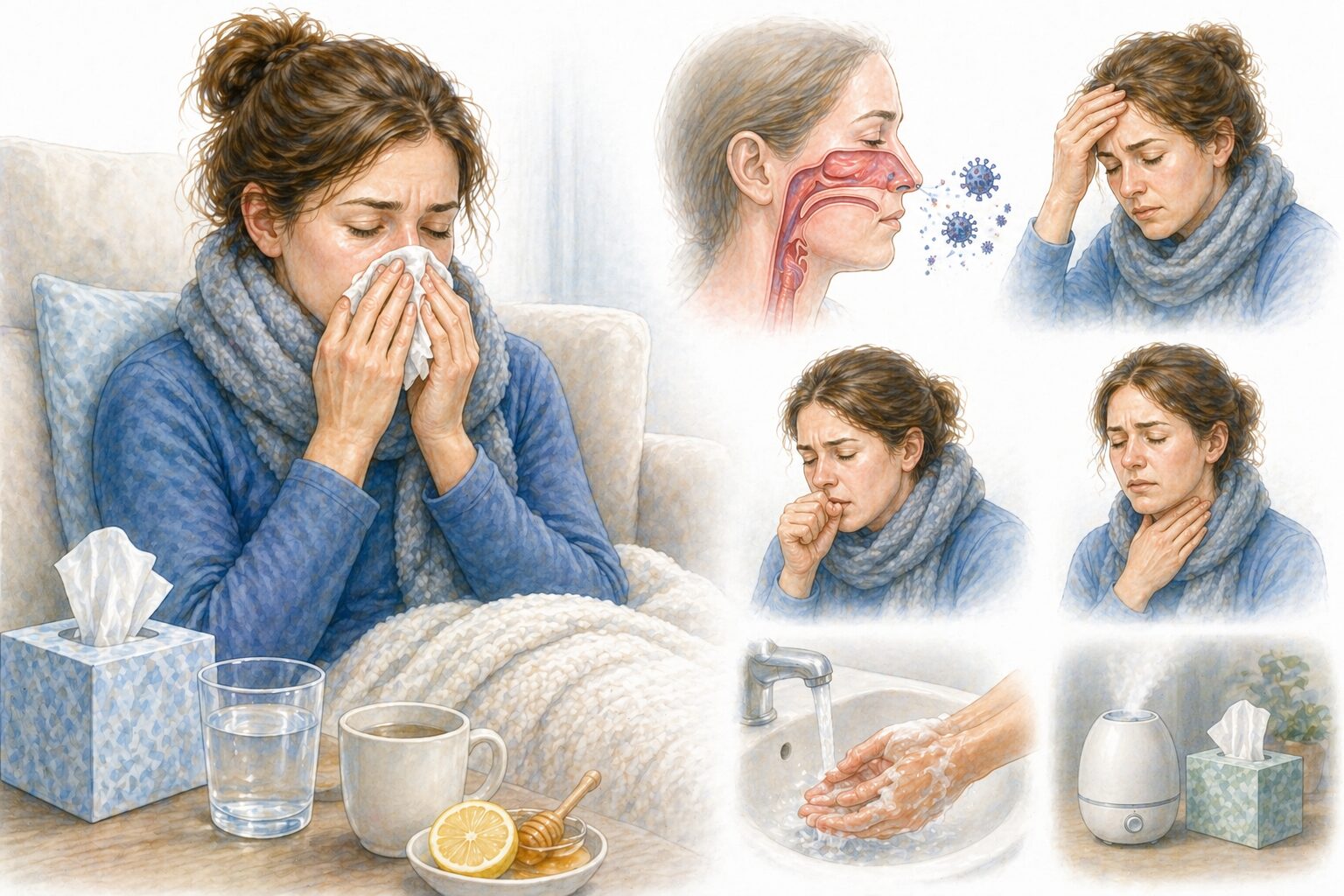 Ilustratie medicala reprezentativa pentru raceala, fara elemente text, pacient cu simptome respiratorii usoare, stil educational tip Mayo Clinic
