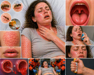 Ilustratie medicala reactie alergica severa cu eruptii cutanate umflare gat si dificultate respiratorie