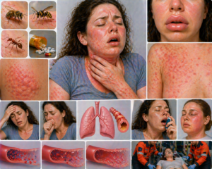 Ilustratie medicala reactie alergica simptome cu eruptii cutanate umflare si dificultati respiratorii fara text