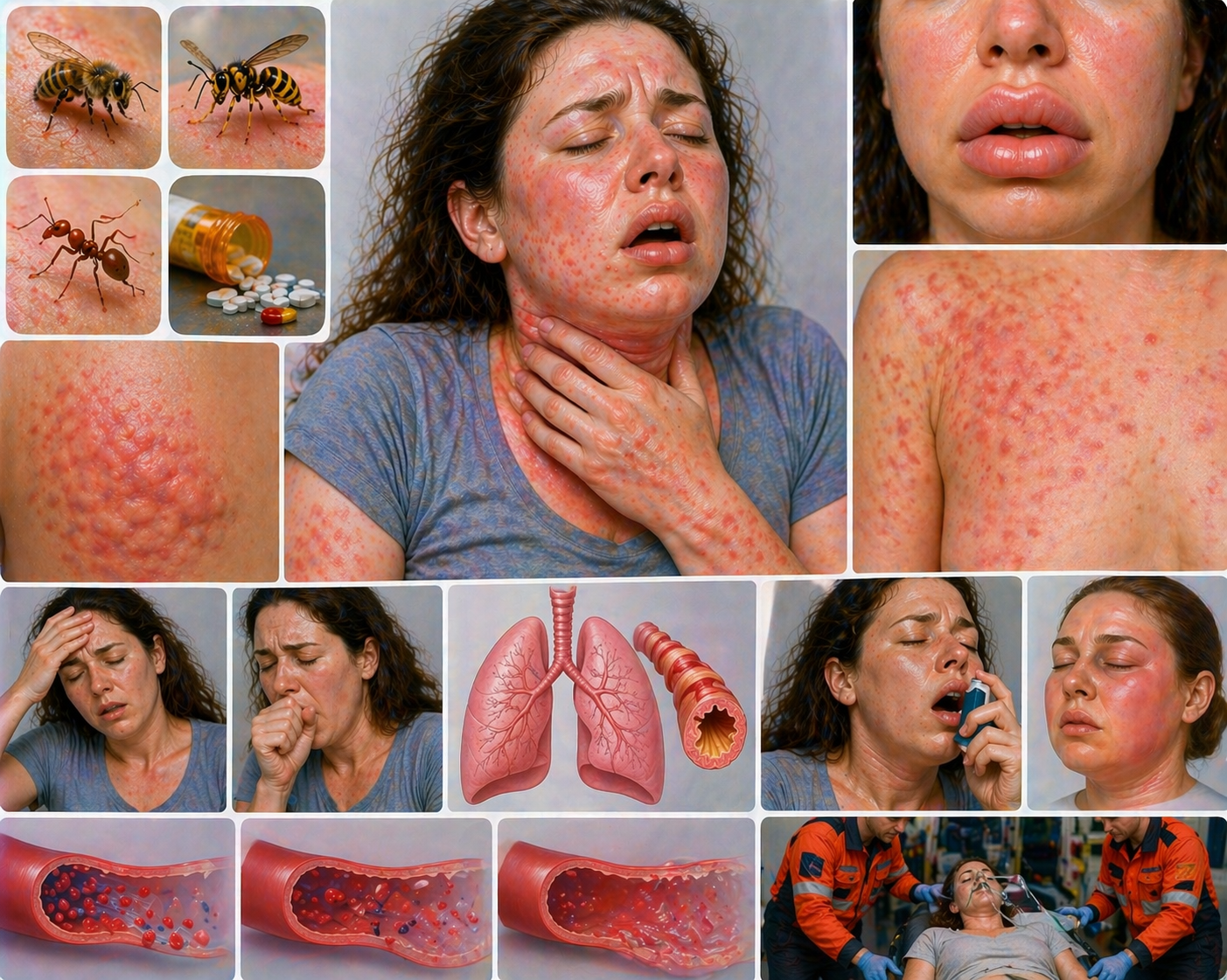 Ilustratie medicala reactie alergica simptome cu eruptii cutanate umflare si dificultati respiratorii fara text