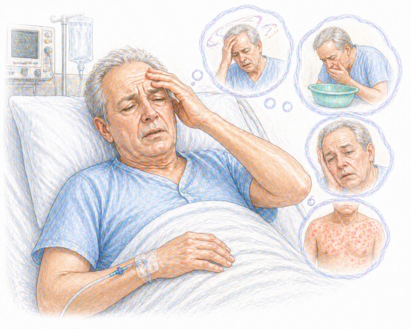 Ilustratie medicala stil Mayo reactii adverse anestezie cu pacient in curs de trezire usor ametit fara text