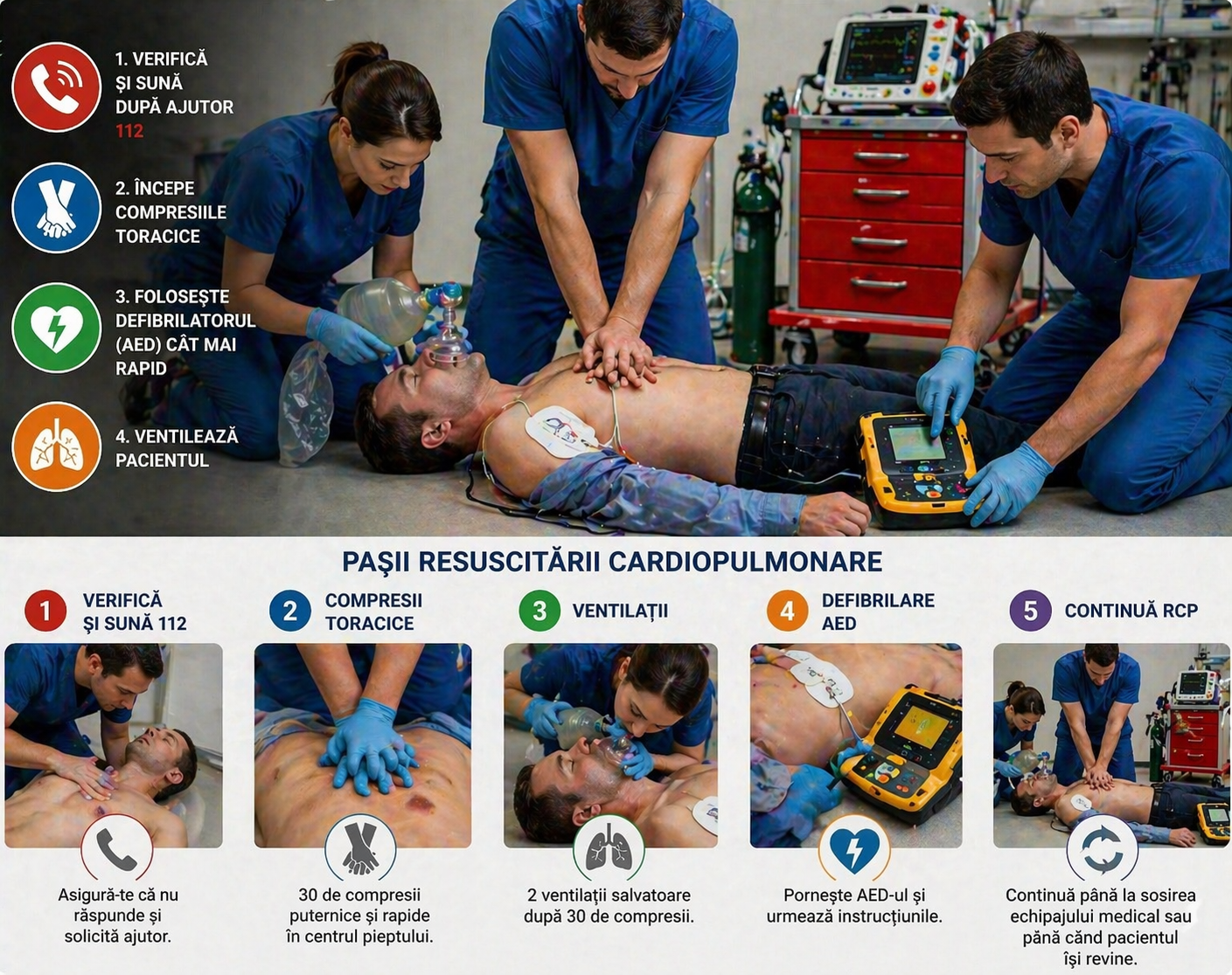 Ilustratie medicala resuscitare cardio cu compresii toracice si interventie de urgenta pentru pacient in stop cardiac fara text