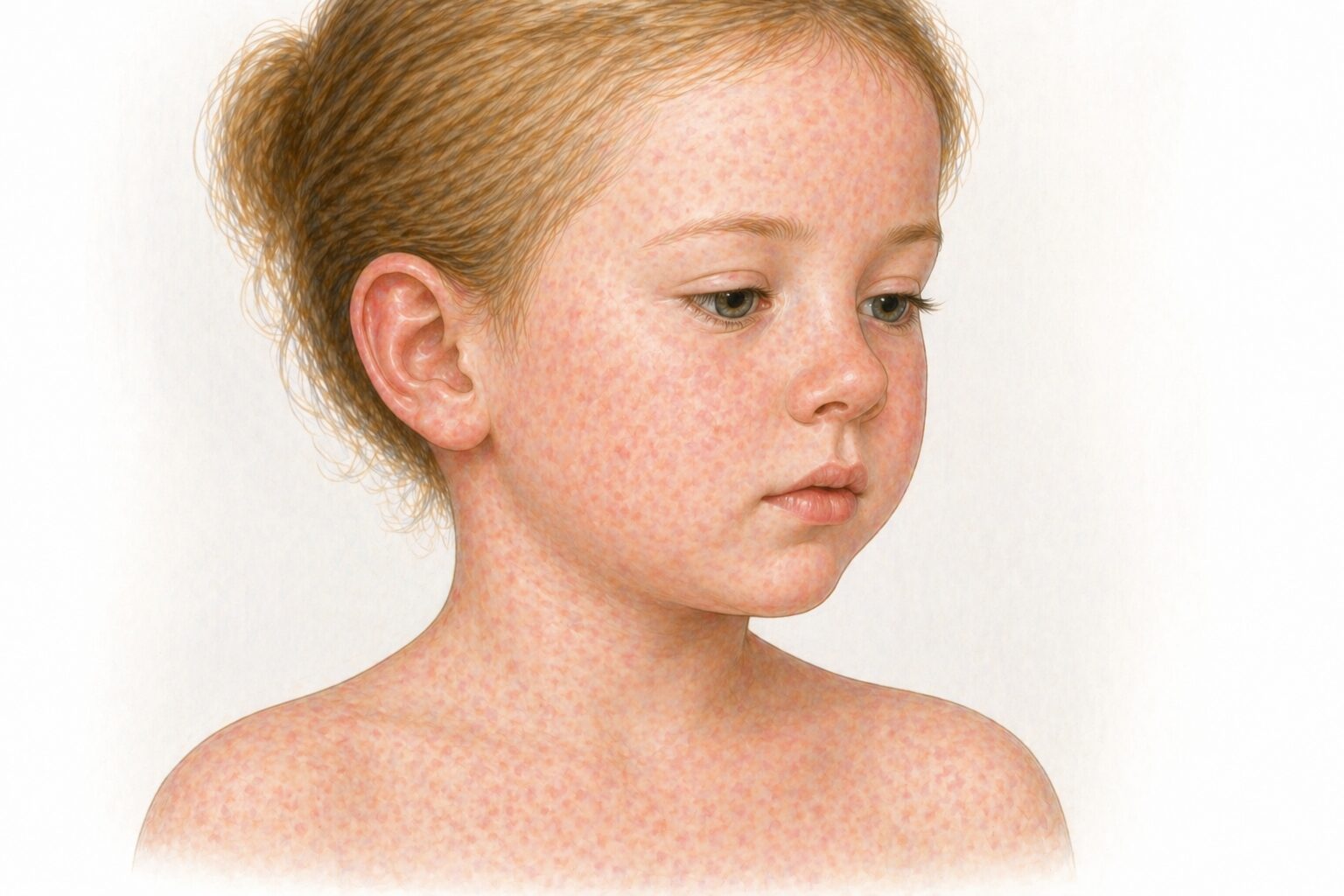 Ilustratie medicala reprezentativa pentru rubeola, copil cu eruptie cutanata fina rozalie, stil educational tip Mayo Clinic