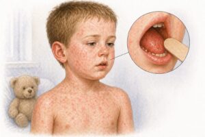Ilustratie medicala reprezentativa pentru rujeola, copil cu eruptie cutanata caracteristica si manifestari respiratorii, stil educational tip Mayo Clinic