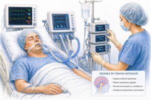 Ilustratie medicala reprezentativa pentru sedare in terapie intensiva, pacient ventilat si monitorizat in ATI, stil educational tip Mayo Clinic