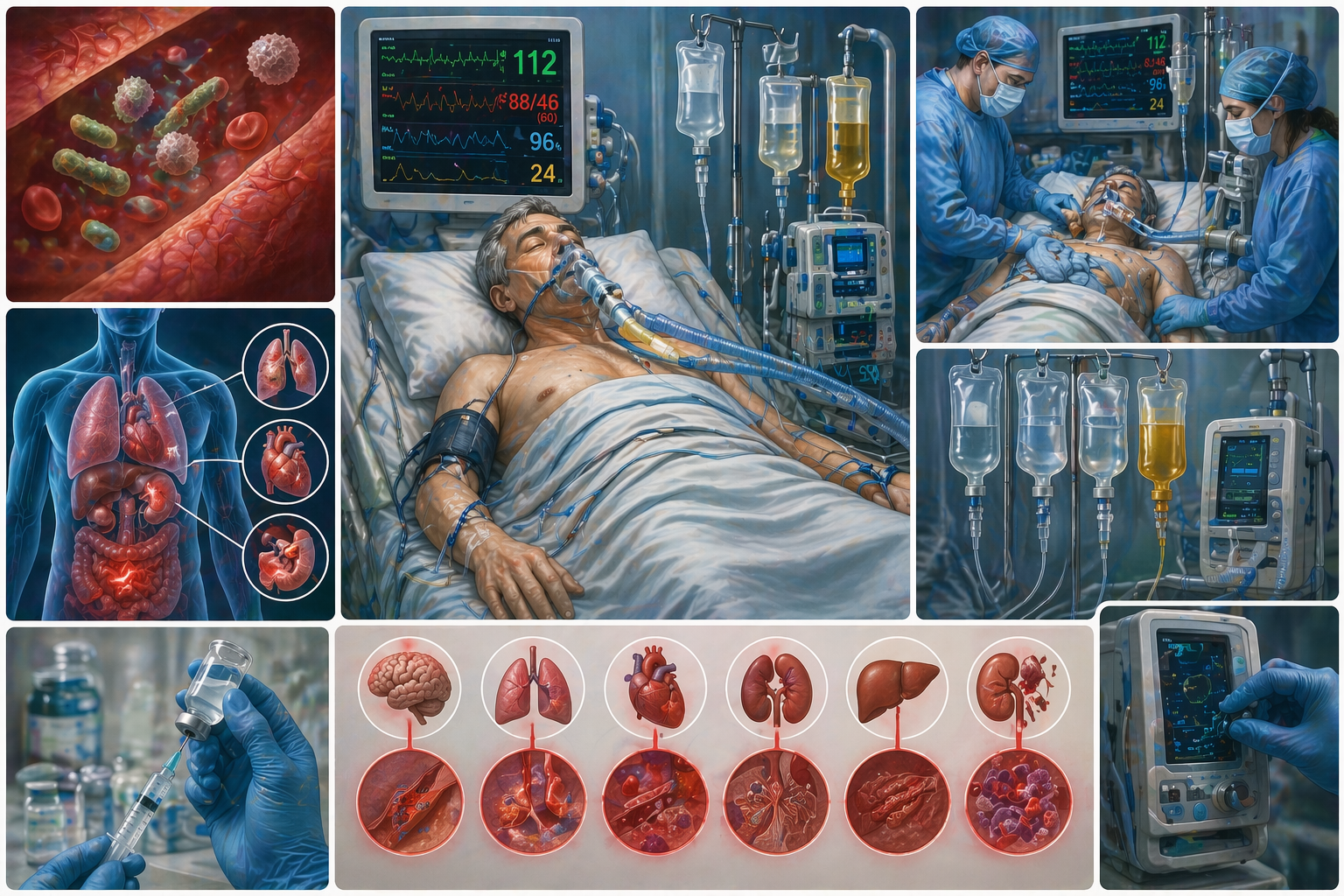 sepsis sever pacient critic terapie intensiva ventilatie mecanica monitorizare functii vitale insuficienta multipla de organ perfuzii si tratament intensiv