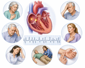 Ilustratie medicala stil Mayo simptome aritmii severe cu inima si ritm cardiac neregulat asociat cu ameteli palpitatii si sincopa fara text