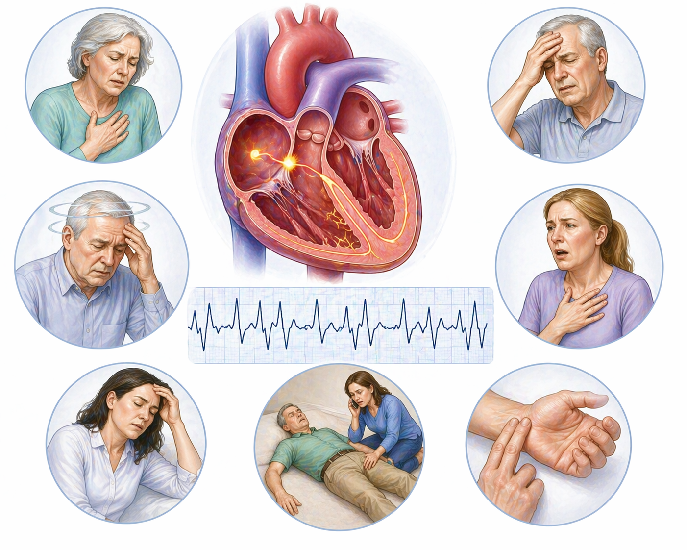 Ilustratie medicala stil Mayo simptome aritmii severe cu inima si ritm cardiac neregulat asociat cu ameteli palpitatii si sincopa fara text
