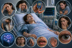Ilustratie medicala coma hipoglicemica cu pacient inconstient si simptome precum transpiratii tremor confuzie si scaderea glicemiei fara text