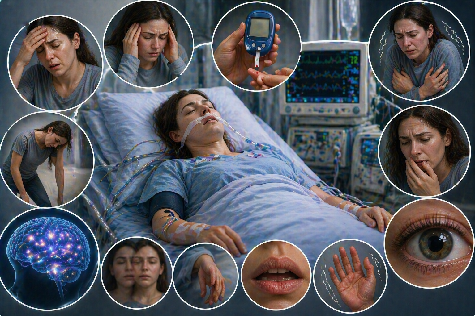 Ilustratie medicala coma hipoglicemica cu pacient inconstient si simptome precum transpiratii tremor confuzie si scaderea glicemiei fara text
